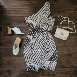 Silk Theory Asymmetrical Geometric Print Dress with Tie Belt